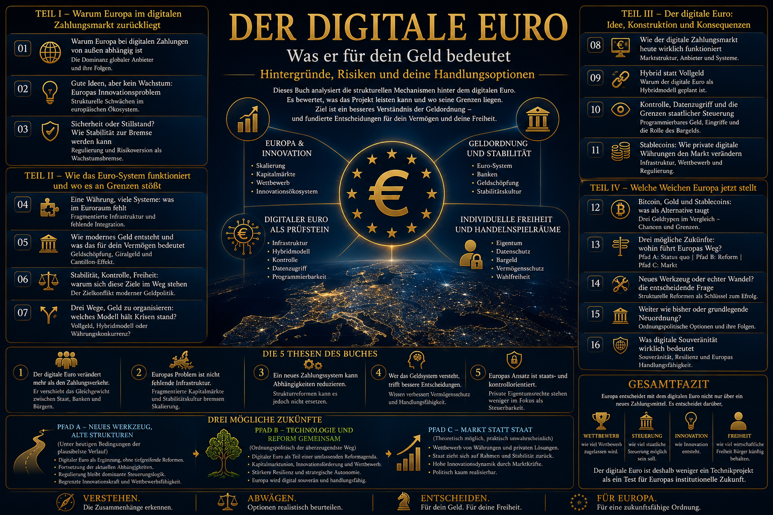 Buchstruktur: Der digitale Euro – Überblick der vier Teile